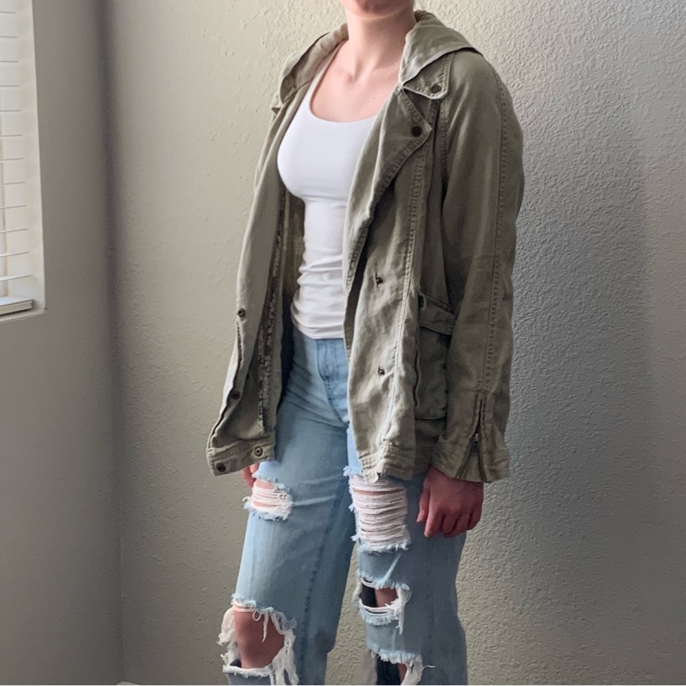 Free People Linen Military Utility Cargo Jacket with Hood